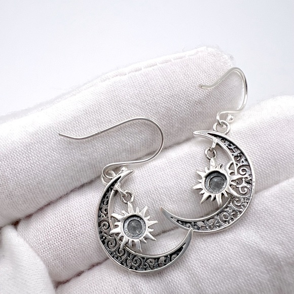 Genuine Blue Topaz .925 Sterling Silver Moon and Sun Earrings - Picture 11 of 14